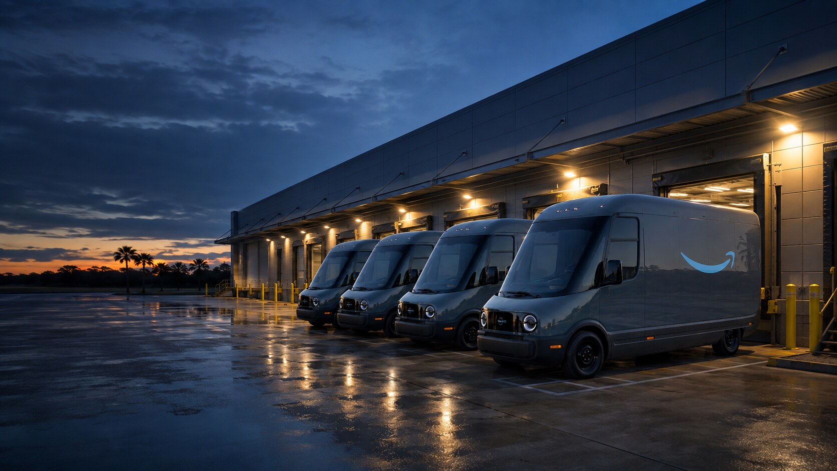 Amazon Rivian EDV 700 electric delivery fleet staged beside illuminated loading bays